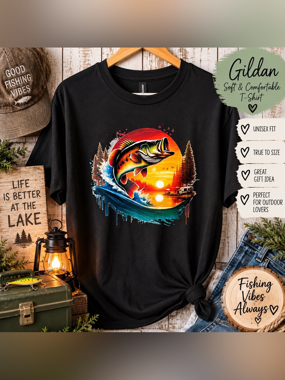 Gildan Black T-Shirt with Colorful Bass Sunset Graphic